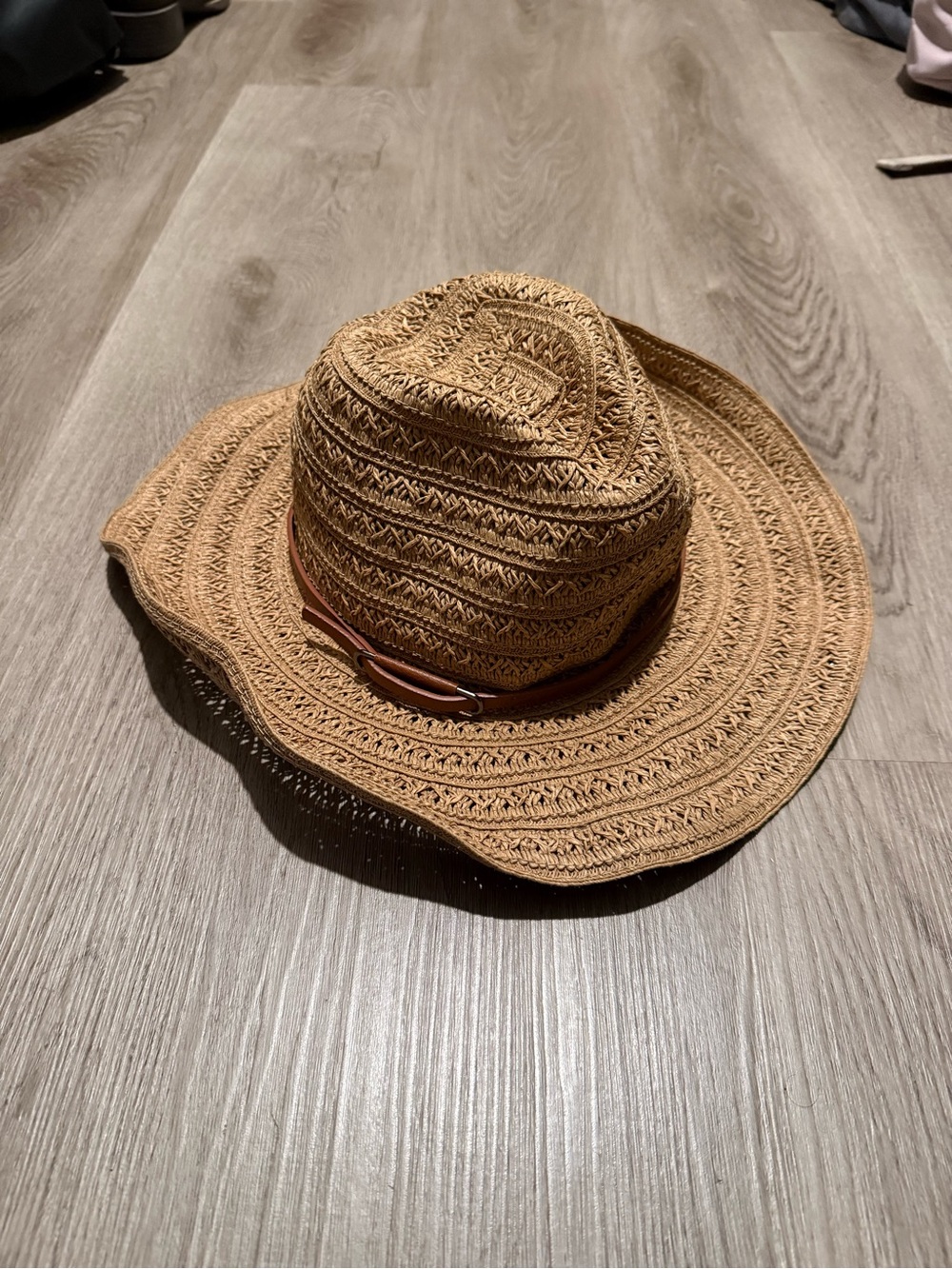 Vince Camuto Tan Woven Straw Fedora with Leather Band